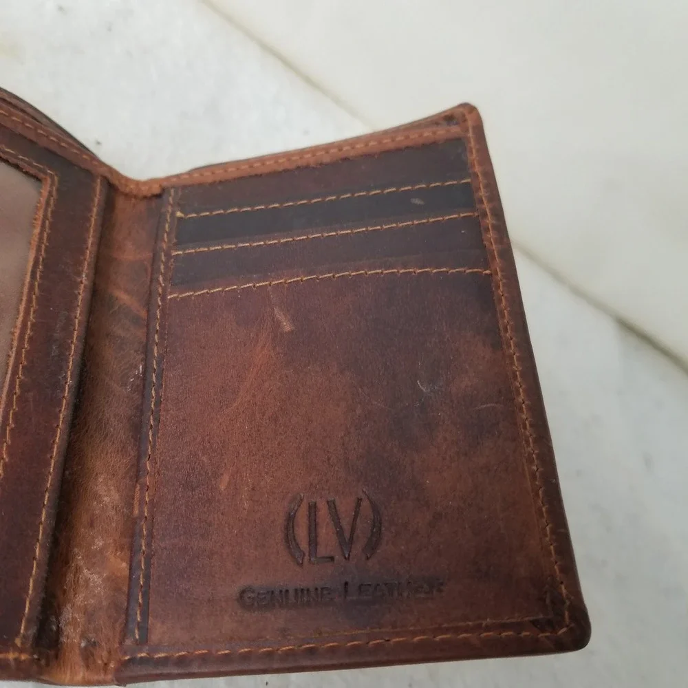 Genuine Leather Tri Fold Wallet Brown Bifold Credit Card Holder‎ RFID lock NWOT
